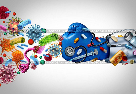 Preventive Medicine and medical treatment for disease as cancer or infection therapy due to virus or bacterial illness as a doctor fighting the pathogen cells with 3D illustration elements. Стоковое фото, агентство Ingram Publishing / Фотобанк Лори