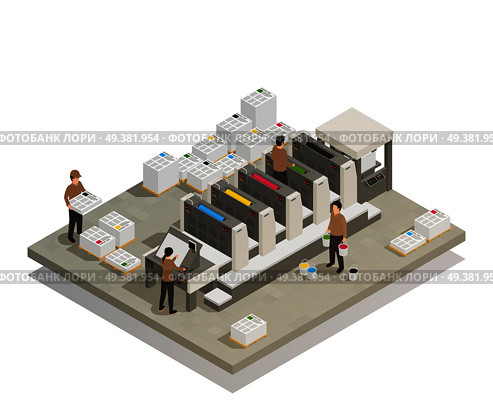 Printing house facility offset production line industrial equipment with operating personnel isometric composition vector illustration .  Printing Production Process Isometric Composition . Стоковая иллюстрация, агентство Ingram Publishing / Фотобанк Лори