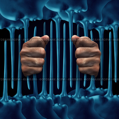 Prison lies concept as a person behind jail cell bars made from long liar noses as a metaphor for confinement due to dishonest behavior or false testimony. Стоковое фото, агентство Ingram Publishing / Фотобанк Лори