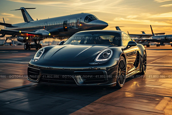 Private executive airplane with luxury car shown together at international airport. VIP service at the airport concept. Business class transfer. Стоковое AI-изображение, AI-художник Ирина Михайличенко / Фотобанк Лори