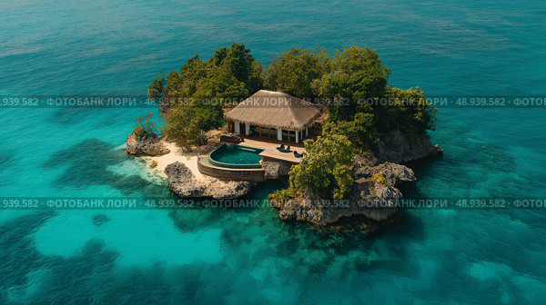 Private island bathhouse offers serene escape surrounded by turquoise waters and lush greenery. Частная купальня на острове предлагает безмятежный отдых в окружении бирюзовых вод и пышной зелени. Стоковое AI-изображение, AI-художник Katsiaryna Repich / Фотобанк Лори