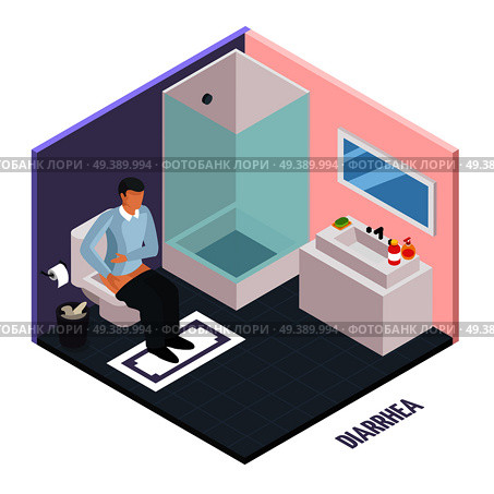 Probiotic isometric composition with human character suffering from diarrhea in toilet water closet room with text vector illustration. Stomach Upset Isometric Composition. Стоковая иллюстрация, агентство Ingram Publishing / Фотобанк Лори
