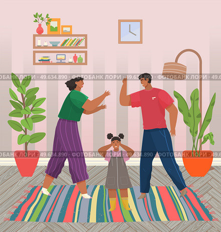 Problems and conflict in family, fight and arguing, quarreling over child in family. Cartoon angry parents swearing. Unhappy girl teenager. Dispute man and woman. Toxic relationships between people. Problems and conflict in family, fight and arguing, quarreling over child in family. Unhappy girl. Стоковая иллюстрация, агентство Ingram Publishing / Фотобанк Лори