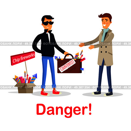 Process of buying counterfeit case with fireworks on white. Dangerous for health and life deal between unfair man in black and gullible smiling male person. Box of chip improper fireworks. Vector. Process of Buying Counterfeit Case with Fireworks. Стоковая иллюстрация, агентство Ingram Publishing / Фотобанк Лори
