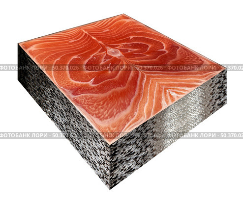 Processed food symbol and genetically engineered foods or GMO fish as an Atlantic Salmon steak shaped as  a synthetic cube shape representing bioengineering or aquaculture as a consumer product. Стоковое фото, агентство Ingram Publishing / Фотобанк Лори