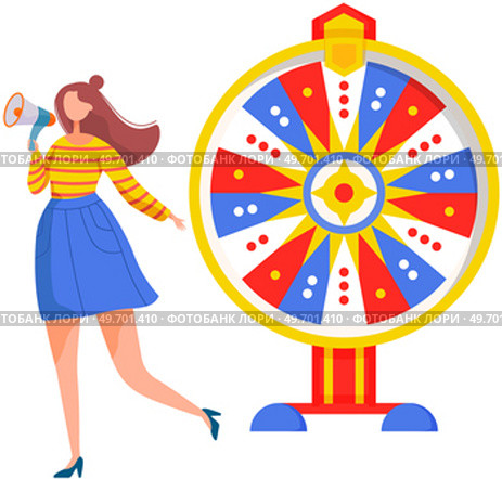 Product presentation to customers concept. Marketing strategy to attract potential customer. Motivation to visit site, make purchase. Woman with loudspeaker stands at wheel of fortune. Successful plan. Product presentation to customers concept. Marketing strategy to attract potential customers. Стоковая иллюстрация, агентство Ingram Publishing / Фотобанк Лори