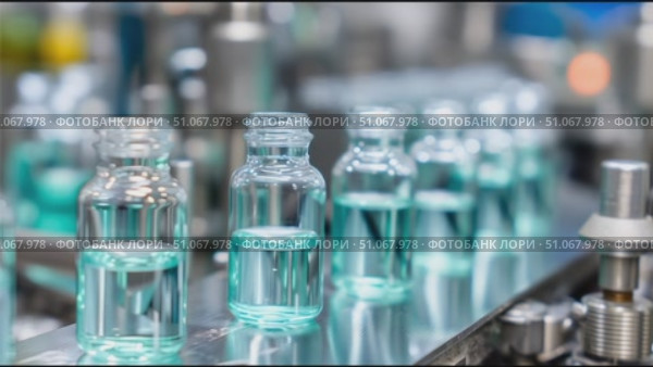 Production process of glass bottles filled with blue liquid at a manufacturing facility. Стоковое AI-видео, аниматор Сергей Толмачёв / Фотобанк Лори