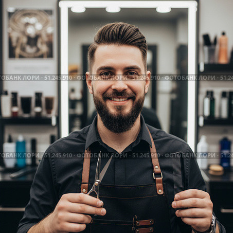 Profession hairdresser man - portrait of a young guy at work. Стоковое AI-изображение, AI-художник Андрей Аркуша / Фотобанк Лори