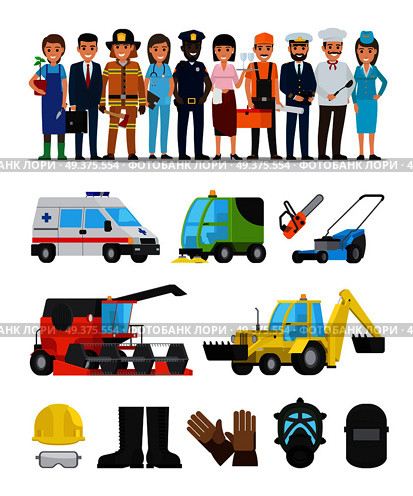 Profession representatives and equipments set on white. Vector poster of pilot and stewardess, doctor and policeman, fireman and gardener, businessman and waitress set of vehicles and tools. Profession Representatives and Equipments Set. Стоковая иллюстрация, агентство Ingram Publishing / Фотобанк Лори