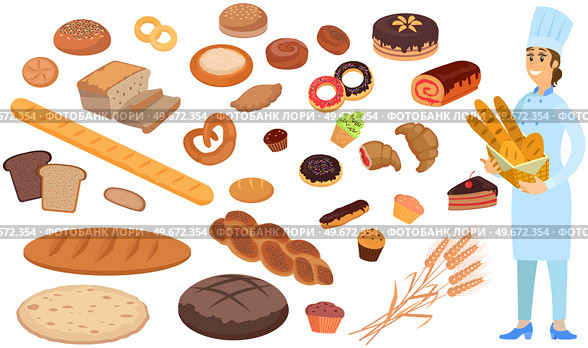 Professional bread maker holding fresh baguettes and loaves. Bakehouse worker with hot bakery. Woman stands with basket of bread next to various pastries, desserts, cakes vector illustration. Female bakehouse worker stands with basket of bread next to various pastries, desserts, cakes. Стоковая иллюстрация, агентство Ingram Publishing / Фотобанк Лори