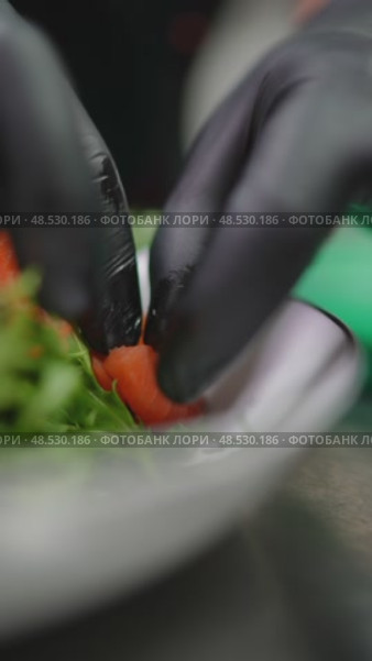 Professional chef handling fresh salmon, arranging arugula on pristine white plate, crafting gourmet seafood creation with precision. Стоковое видео, видеограф Данил Руденко / Фотобанк Лори