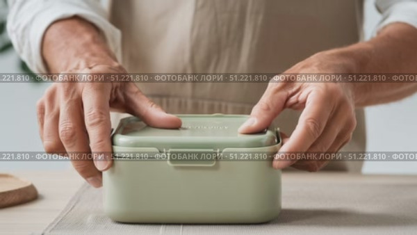 Professional chef sealing nutritious lunch box with fresh salad and grilled chicken, maintaining meal quality and convenience for workplace. Стоковое AI-видео, аниматор Юрий Поздников / Фотобанк Лори