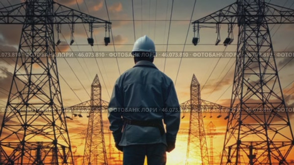 Professional electrician with blueprint and helmet near high voltage tower, close-up. Overhead power line pylons, high voltage pylons. Power transmission towers and lines at sunset. Photo of high voltage transmission tower, also known as transmission tower. Стоковое видео, видеограф ALLA YURTAYEVA / Фотобанк Лори