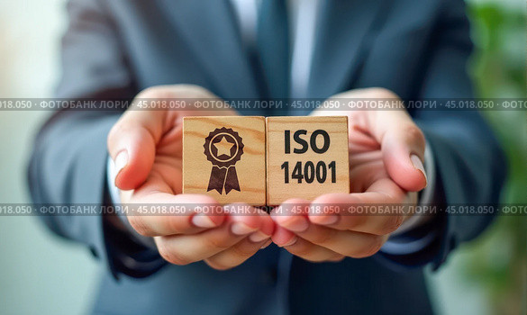 Professional in Suit Presenting ISO 14001 Standard Block, Global Environmental Management System Certification, Business Commitment to Sustainability, Eco Corporate Strategy Implementation. Стоковое AI-изображение, AI-художник Павел Муравьев / Фотобанк Лори
