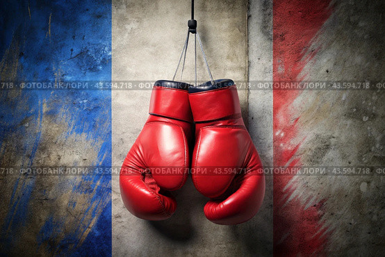 Professional red boxing gloves hang on the background of the French flag with a space to copy. Стоковое AI-изображение, AI-художник Photojuli / Фотобанк Лори