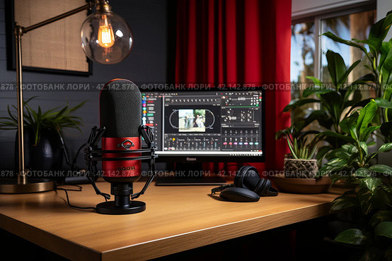 Professional video podcast recording setup in a cozy home studio with professional equipment. Стоковое AI-изображение, AI-художник Светлана Акифьева / Фотобанк Лори