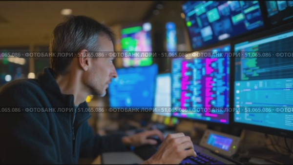Professional working in a high-tech control room with multiple computer screens displaying data and graphs. Стоковое AI-видео, аниматор Сергей Толмачёв / Фотобанк Лори