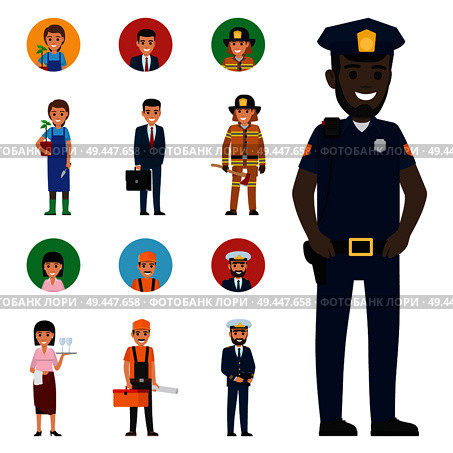 Professions people vector icons set. Different profession cartoon characters in uniform with instruments and implements isolated on white. Occupations flat illustration for labor day, job concepts. Professions People Cartoon Characters Icons Set. Стоковая иллюстрация, агентство Ingram Publishing / Фотобанк Лори
