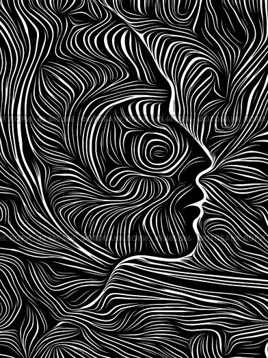 Profile face integrated in black and white woodcut pattern. On subject of the mind, consciousness, reason and human drama. Black and White Poetry series. Стоковое фото, агентство Ingram Publishing / Фотобанк Лори