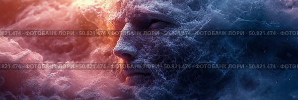 Profile of a Nebulous Face Emerging from Cosmic Dust, Depicting the Transient Nature of Existence. Стоковое AI-изображение, AI-художник Данила Большаков / Фотобанк Лори