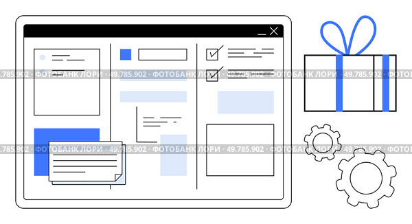 Project management dashboard with task checklists and notes on tablet screen, gift box wrapped with ribbon, gear icons representing tools and settings. Ideal for productivity, organization, business. Project management dashboard on tablet with task checklists and blue gift box on the side. Стоковая иллюстрация, агентство Ingram Publishing / Фотобанк Лори