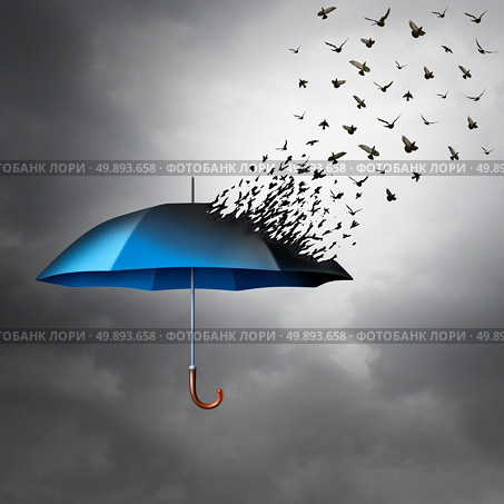 Protection freedom concept as an umbrella transforming into a group of flying birds as a metaphor for global security and risk and liberty symbol with 3D illustration elements. Стоковое фото, агентство Ingram Publishing / Фотобанк Лори