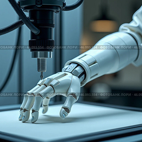 Процесс создания бионического протеза кисти руки на 3D-принтере. Технологичность процесса, точность и возможность создания индивидуальных протезов. Стоковое AI-изображение, AI-художник Ирина Першина / Фотобанк Лори