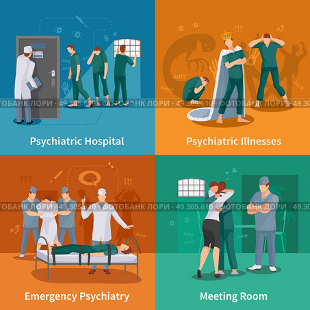Psychiatric Illnesses Concept Icons Set. Psychiatric illnesses concept icons set with emergency psychiatry symbols flat isolated vector illustration . Стоковая иллюстрация, агентство Ingram Publishing / Фотобанк Лори