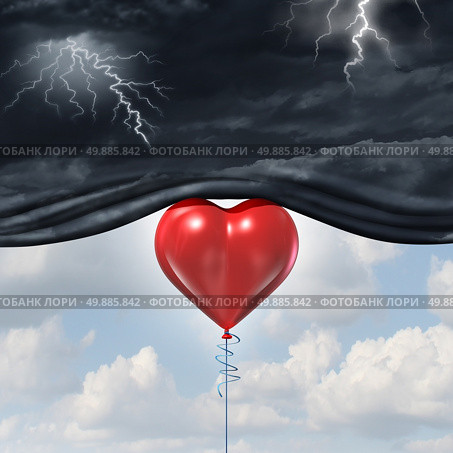 Psychology of human love or a happy romantic feeling as an antidepressant as a red heart shaped balloon lifting up and away a dark storm cloud background as a happiness metaphor for mood change in the mind. Стоковое фото, агентство Ingram Publishing / Фотобанк Лори