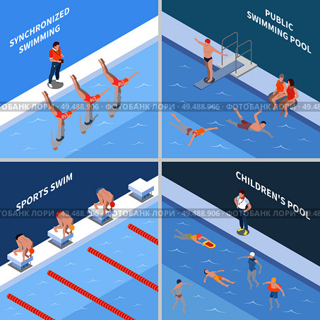Public pool synchronized swimming sports race and children basin isometric design concept isolated vector illustration. Стоковая иллюстрация, агентство Ingram Publishing / Фотобанк Лори