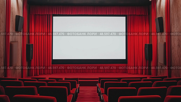 Пустой кинозал с красными креслами и экраном. Стоковое AI-изображение, AI-художник Александр Жуков / Фотобанк Лори