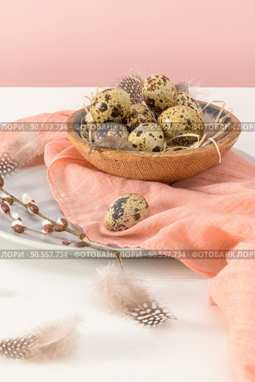 Quail eggs in a ceramic bowl with a peach fuzz pink colored scarf and bird feathers. Wooden table painted white and a plain pink background. Background with elements suggestive of the Easter season. Стоковое фото, агентство Ingram Publishing / Фотобанк Лори