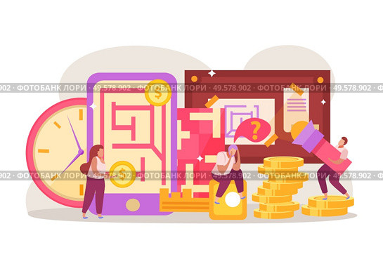 Quest game flat composition with stacks of coins and labirynth map on smartphone screens with people vector illustration. Стоковая иллюстрация, агентство Ingram Publishing / Фотобанк Лори