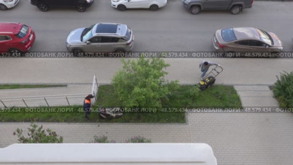 Рабочие косят траву газонокосилками. Редакционное видео, видеограф Валерий Иванович Клейменов / Фотобанк Лори