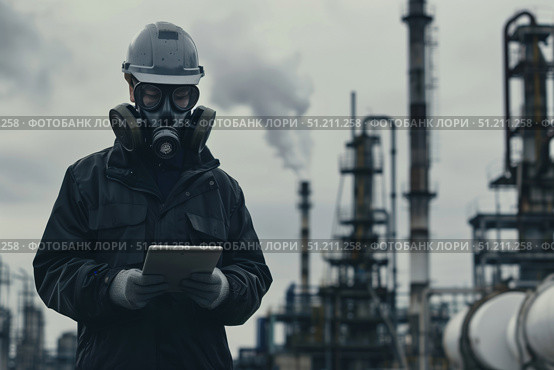 Работник в противогазе и каске использует планшет на фоне дымящего химического завода. Стоковое AI-изображение, AI-художник Кирилл Сиротюк / Фотобанк Лори