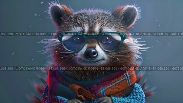 Raccoon wearing glasses and a sweater, showcasing a unique and amusing sight on blue background. Стоковое AI-видео, аниматор Данила Большаков / Фотобанк Лори