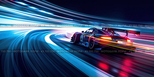 Racing a high-speed sports car on a neon highway at night. created by artificial intelligence. Стоковое AI-изображение, AI-художник Ярославский Максим / Фотобанк Лори