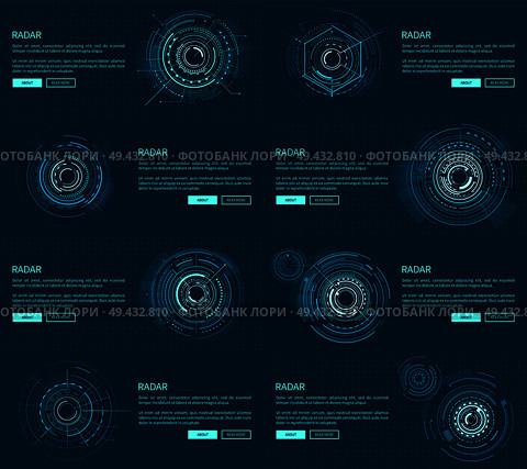 Radar webpages collection with text sample, headlines and buttons saying about and read more, vector illustration isolated on blue background. Radar Webpages Collection Vector Illustration. Стоковая иллюстрация, агентство Ingram Publishing / Фотобанк Лори