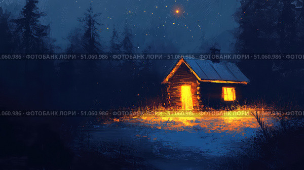 radiance glowing effect on tiny cabin ai generated. Стоковое AI-изображение, AI-художник Vectorwin / Фотобанк Лори
