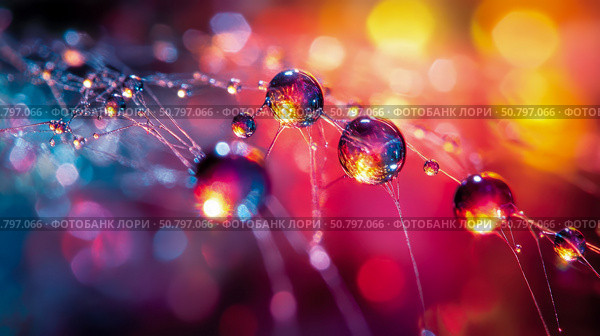 Radiant Dewdrops on a Gossamer Thread: A Macrocosm of Color and Light. Стоковое AI-изображение, AI-художник Данила Большаков / Фотобанк Лори