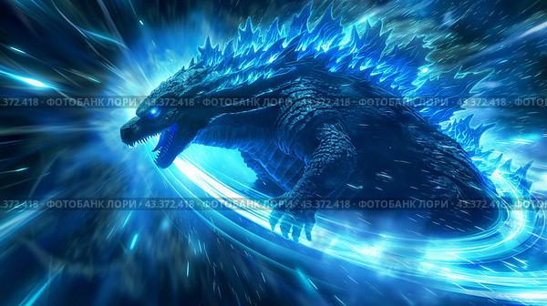 Radiant Godzilla in a Vortex of Blue Energy. Стоковое AI-изображение, AI-художник Кирилл Черезов / Фотобанк Лори