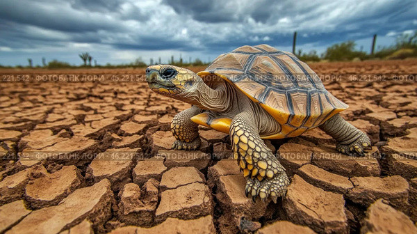 Radiated tortoise walking on dry cracked earth in madagascar. Стоковое AI-изображение, AI-художник Юрий Поздников / Фотобанк Лори
