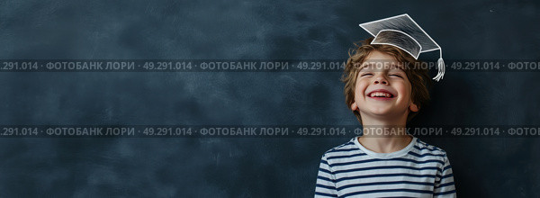 Радостный ребёнок с нарисованной академической шапочкой. Стоковое AI-изображение, AI-художник Александр Жуков / Фотобанк Лори