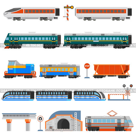 Rail Transport Flat Colorful Icons Set. Rail transport flat colorful icons set of passenger and cargo wagons locomotives tram tunnel monorail isolated vector illustration. Стоковая иллюстрация, агентство Ingram Publishing / Фотобанк Лори