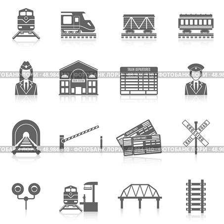 Railway icon set black with station tunnel track semaphore isolated vector illustration. Railway Icon Set. Стоковая иллюстрация, агентство Ingram Publishing / Фотобанк Лори