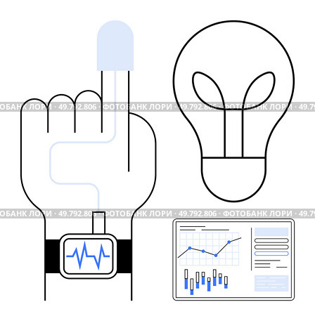 Raised hand with wearable health monitor, light bulb, and data charts. Ideal for healthcare, technology, innovation, wearables, internet of things, data analysis, future trends. Line metaphor. Finger with wearable health monitor, light bulb, and data analytics on screen representing innovation. Стоковая иллюстрация, агентство Ingram Publishing / Фотобанк Лори