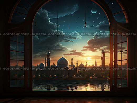 Ramadan carim in the background. View from a large window of the city at night. Стоковое AI-изображение, AI-художник Ярославский Максим / Фотобанк Лори