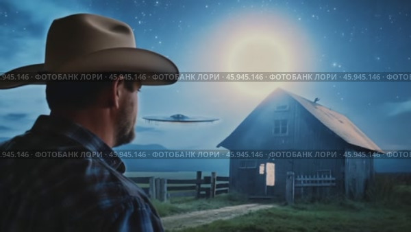 Rancher amazed by ufo near barn under starry sky. Стоковое видео, видеограф Данил Руденко / Фотобанк Лори