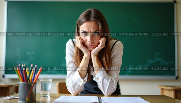 Разгневанный учитель сидит за столом и смотрит в кадр. The angry teacher sits at the table and looks into the frame. Стоковое AI-изображение, AI-художник ketpro.design / Фотобанк Лори