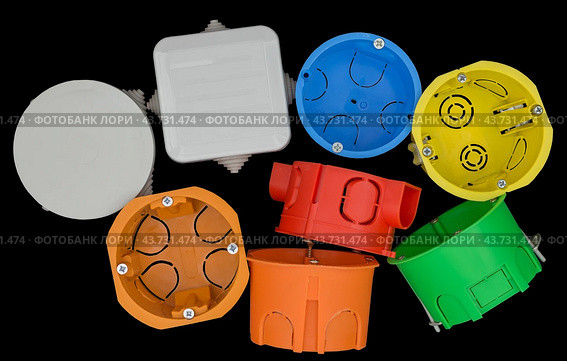 Разноцветные пластиковые электрические подразетники. Plastic electrical junction box. Стоковое фото, фотограф Татьяна Д / Фотобанк Лори